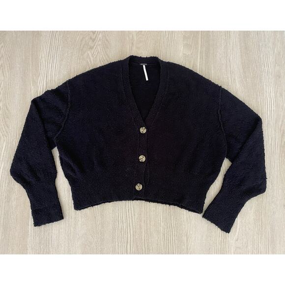 Free People Found My Friend Cardi S Black Boucle Cardigan Sweater Boho Preppy - Picture 4 of 10